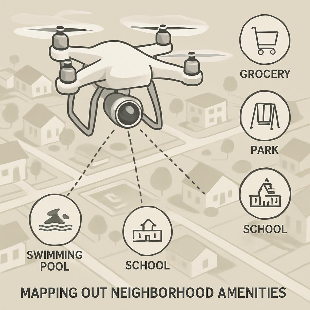 Grey on light tan background of cartoon map; drone in center with icons labeled. "cartoon service district diagram"
